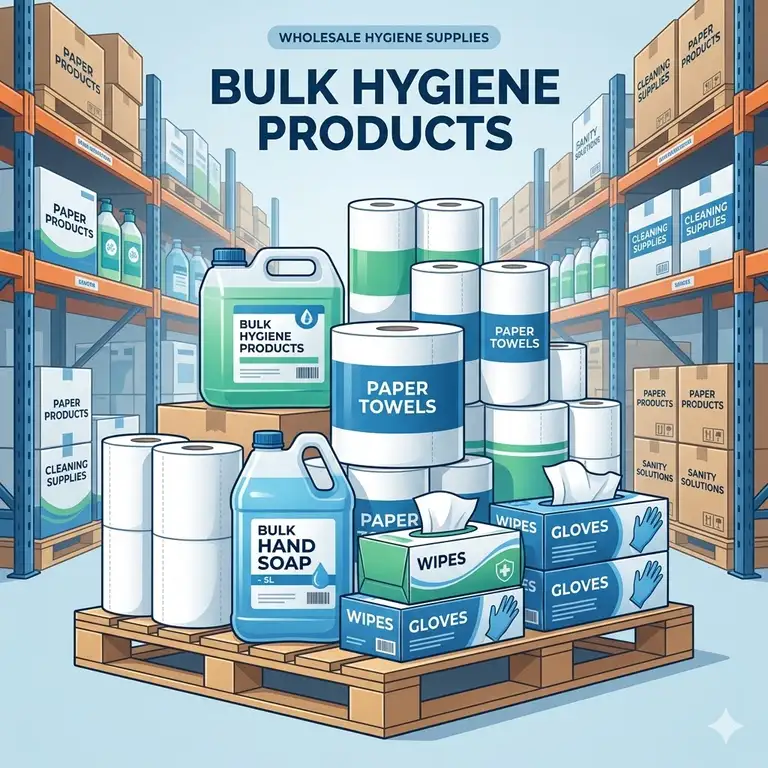 A large commercial warehouse shelf stocked with bulk hygiene products, including boxes of hand sanitizers, liquid soaps, and paper towels.