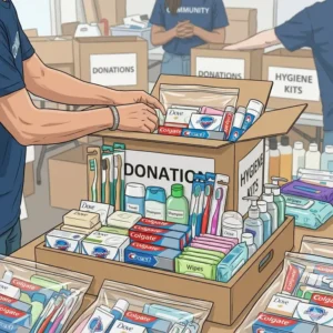 A volunteer packing essential bulk hygiene items into small bags for a community outreach program.