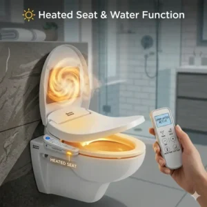 Detailed diagram showing the internal hybrid heating system of a bidet toilet seat with heated water.