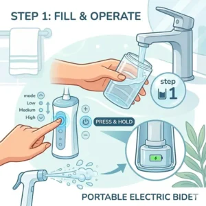 An instructional illustration showing how to fill and operate a portable electric bidet with water spray levels.