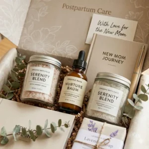 Close up of recovery essentials inside a postpartum gift box including bath salts and nurturing body balm.