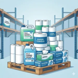 An illustration of liquid hand soap and antibacterial gel refills showcasing commercial bulk hygiene products.