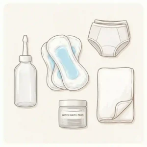 A clean flatlay illustration of postpartum care new mom necessities featuring mesh underwear, cooling pads, a peri bottle, and witch hazel pads in a neutral color palette.