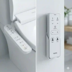 Close-up view comparing the control panel and wireless remote of toto c2 vs c5 models.