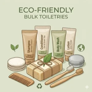 Sustainable bulk toiletries featuring biodegradable packaging and organic ingredients for eco-conscious hotels.