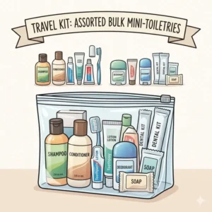 An assorted variety pack of bulk travel size toiletries including mini shampoo, soap, and dental kits.
