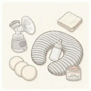 A top-down view illustration of essential breastfeeding gear new mom necessities, displaying an ergonomic nursing pillow, a modern breast pump, and nipple cream.