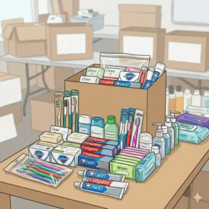 An organized assortment of travel-sized personal care products sold as bulk hygiene items.