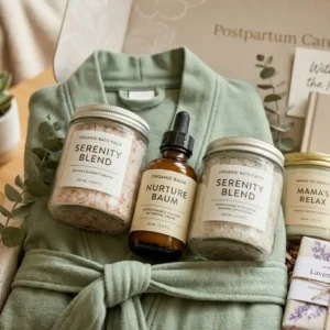 Luxury spa items for new mothers such as lavender soap and serenity blend salts in a postpartum gift box.