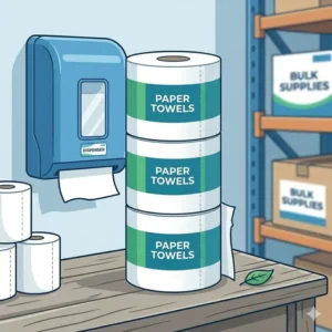 A restroom setting showing paper towel rolls and toilet tissue packs as essential bulk hygiene products.