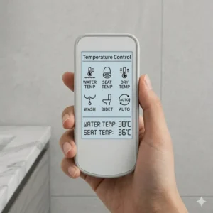 Close-up of a wireless remote displaying adjustable temperature settings for a bidet toilet seat with heated water.