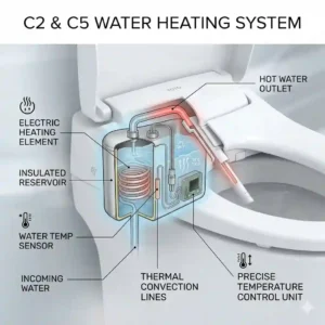 Diagram showing the automatic bowl pre-mist feature when comparing toto c2 vs c5
