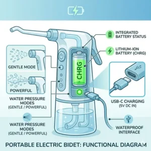 A diagram illustrating a USB rechargeable portable electric bidet plugging into a laptop and a power bank.