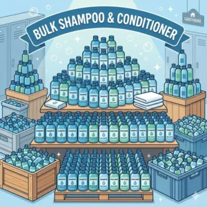 Large quantities of shampoo and conditioner sets as bulk toiletries perfect for stocking gym locker rooms and guest houses.