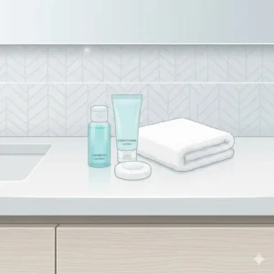 Premium bulk travel size toiletries neatly arranged on a modern hotel bathroom vanity.