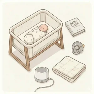 A vector illustration of baby sleep solutions new mom necessities, showing a secure bedside bassinet with a swaddled baby doll, a sound machine, and a pacifier.