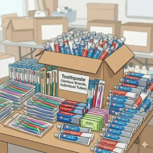 A large supply of individual toothbrushes and toothpaste tubes representing essential bulk hygiene items.
