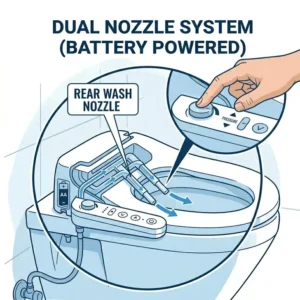 Technical diagram showing the dual cleaning nozzles of a battery bidet toilet seat.