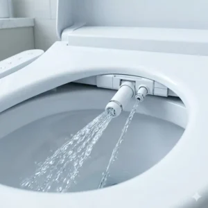 Functional view of the self-cleaning dual nozzle spray from a bidet toilet seat with heated water.