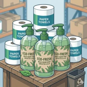 Sustainable and biodegradable bulk hygiene products with green leaf icons on the packaging.