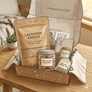 Healthy lactation snacks and organic herbal tea carefully arranged in a postpartum gift box for nursing moms.