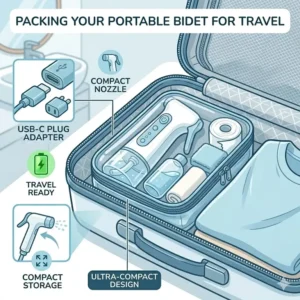 An illustration of a compact portable electric bidet packed neatly inside a travel toiletry bag next to a passport.