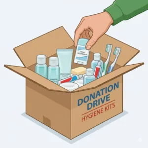 Organizing hygiene kits for charity using a large collection of bulk travel size toiletries.
