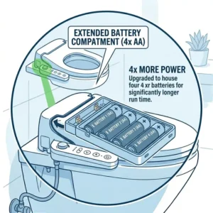 The waterproof side compartment housing the batteries in a battery bidet toilet seat.