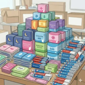 A neatly stacked pile of feminine care products and sanitary items for bulk hygiene items.