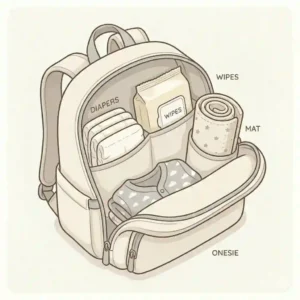An illustration of organized diaper bag organization new mom necessities, featuring an open backpack-style bag with clear compartments for diapers, wipes, a changing mat, and spare clothes.