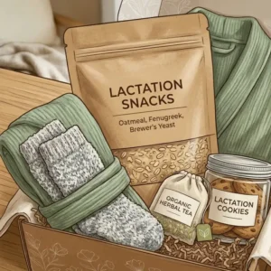 A cozy postpartum gift box containing warm fuzzy socks and comfort snacks for a new mother's recovery.