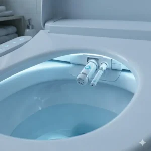 Interior view of a bathroom at night highlighting the LED nightlight of a bidet toilet seat with heated water.
