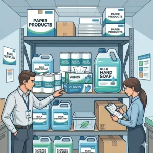 A corporate office supply closet neatly organized with disinfectant wipes and corporate bulk hygiene products.