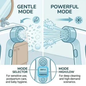 A graphic comparison showing the gentle and strong water pressure settings of a portable electric bidet.