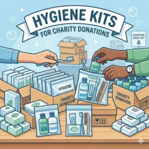 Pre-assembled hygiene kits containing bulk toiletries like toothbrushes and combs for charity donations or shelters.