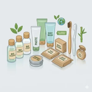 Sustainable and biodegradable bulk travel size toiletries in eco-friendly packaging for conscious travelers.