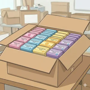 A carton filled with individually wrapped bars of soap as part of a bulk hygiene items shipment.