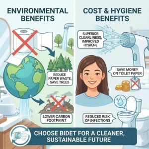 An infographic illustrating how using a portable electric bidet reduces toilet paper consumption and helps the environment.