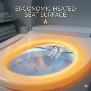Top-down view showing the warm ergonomic surface area of a bidet toilet seat with heated water.
