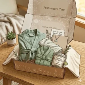 Matching green robes for mother and baby presented as a thoughtful postpartum gift box set.