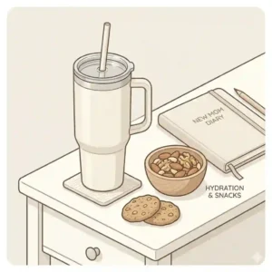A minimalist vector illustration of maternal self-care new mom necessities, showcasing a large insulated water tumbler, healthy lactation snacks, and a journal on a nightstand.