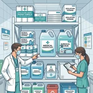 Hospital grade bulk hygiene products including medical wipes, surgical soaps, and personal protective equipment.