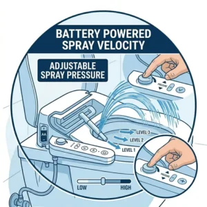 Infographic showing how to adjust water pressure levels on a battery bidet toilet seat.