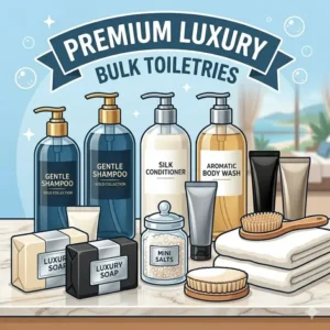 Premium luxury bulk toiletries in sleek, modern packaging suitable for luxury resorts and boutique hotels.