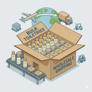 Large wholesale cardboard boxes filled with organized rows of bulk travel size toiletries for shipping.