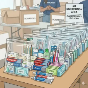 A row of completed kits containing bulk hygiene items ready for distribution to those in need.