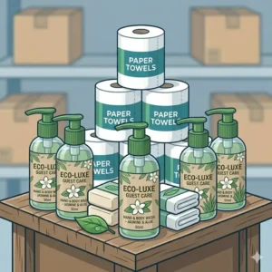 Mini shampoo bottles, body washes, and lotions displayed as hospitality bulk hygiene products.
