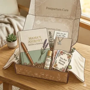 Mental health and mindfulness tools featuring a journey journal and affirmation cards in a postpartum gift box.