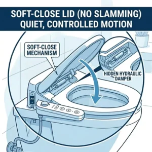 A demonstration of the soft-close lid mechanism of a high-quality battery bidet toilet seat.