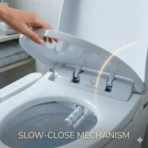 Demonstration of the slow-closing lid and seat mechanism on a bidet toilet seat with heated water.
